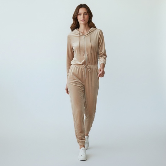 Fashion Nova Pants - Fashion Nova velvet jumpsuit, zip front, hoodie in tan EUC. Size 1x E5